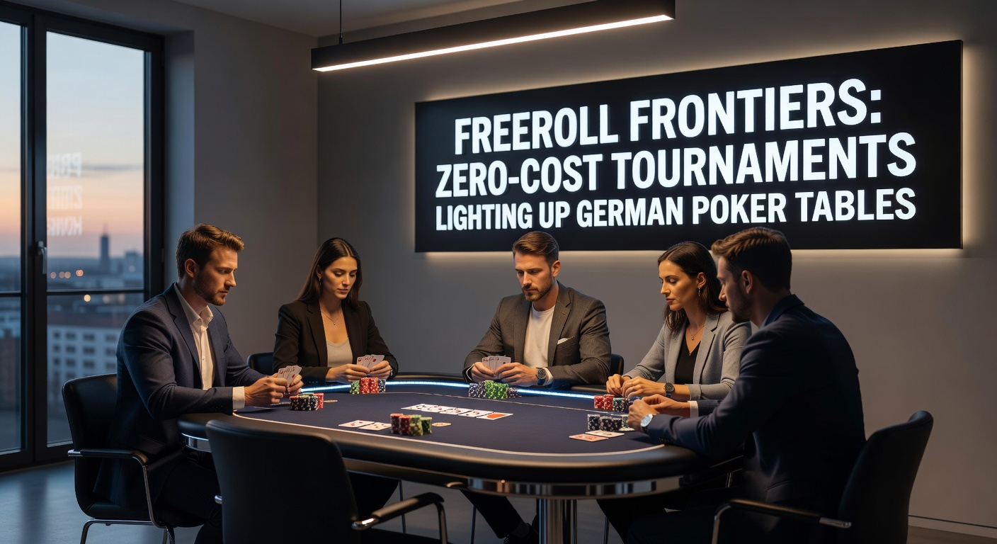 Spieler am Pokertisch in einem belebten deutschen Online-Pokerraum, umgeben von Bildschirmen mit Freeroll-Turnieren