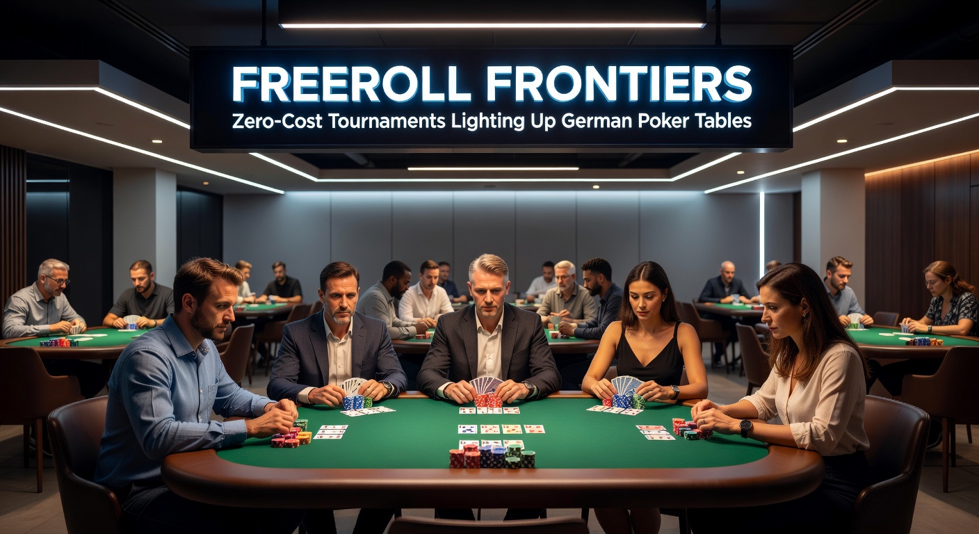 Gruppe jubelnder Pokerspieler vor einem Bildschirm mit Freeroll-Siegerliste in einem deutschen Pokerstudio