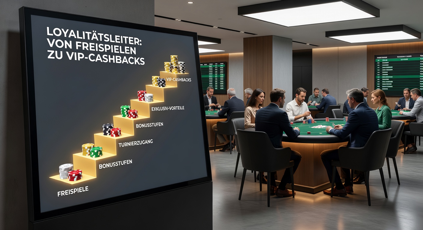 Grafik einer typischen Loyalty-Leiter in einem Poker-Raum mit Stufen von Bronze bis Diamond und Belohnungen wie Free Plays und Cashbacks