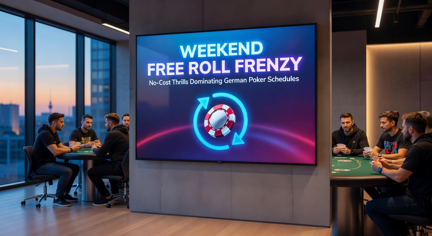 Lebendige Poker-Szene mit Spielern an Tischen während eines Wochenend-Freerolls, Karten fliegen, Chips stapeln sich unter neonbeleuchteten Lichtern