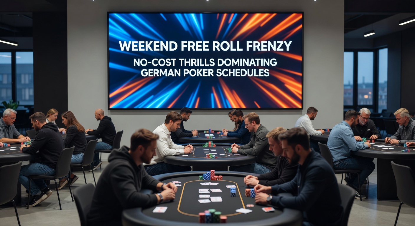 Nahaufnahme eines Spielers am Laptop während eines intensiven Freeroll-Finals, Bildschirm zeigt Stack und Gegner, Uhr zeigt Wochenendnacht